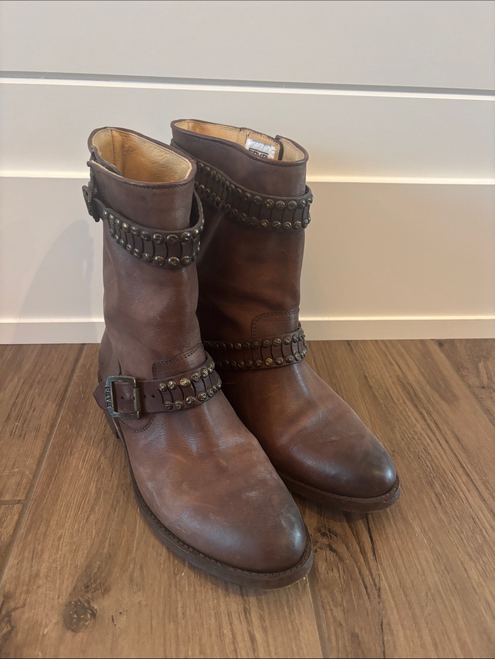 Frye Brown Jayden Studded Harness Mid-Calf Boots